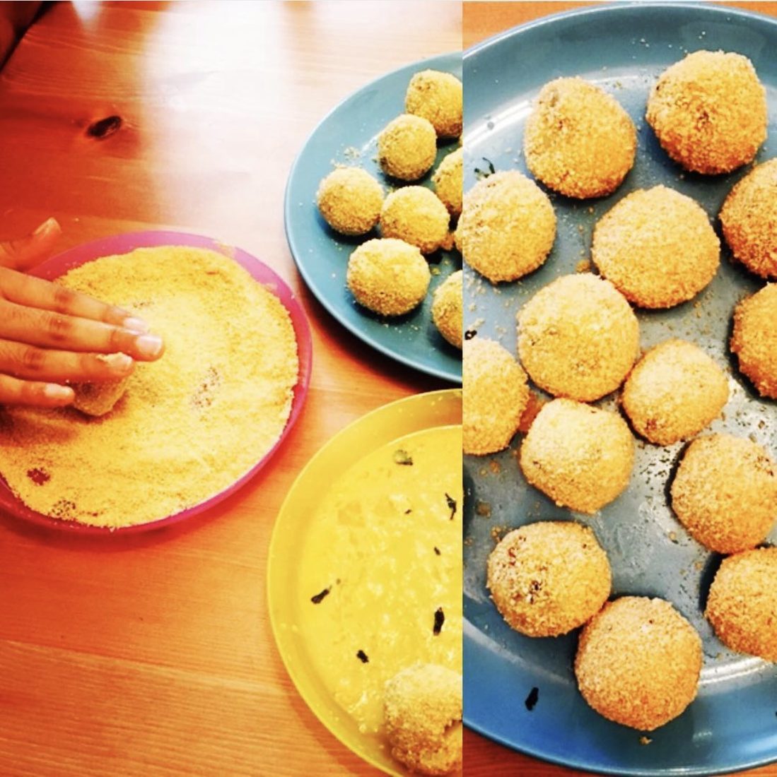 A child pressing an aloo tikki patty into a plate of golden breadcrumbs, next to two plates of finished patties ready for cooking.