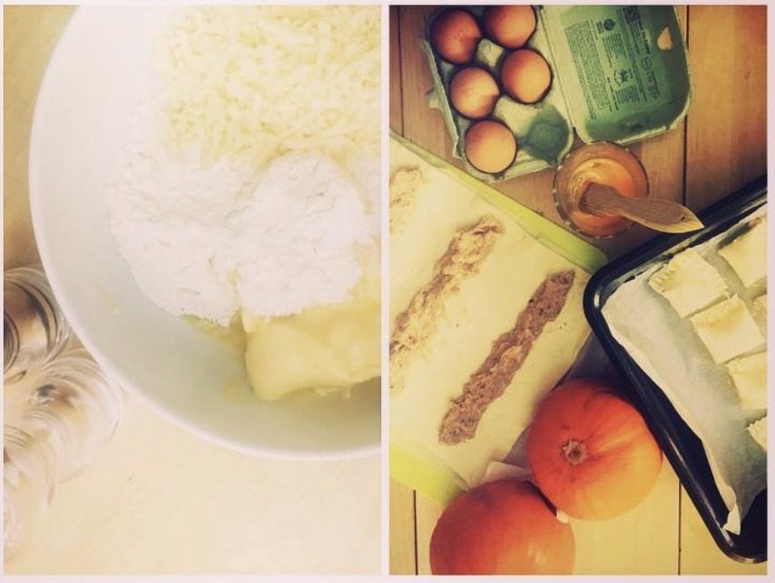 Butter and flour rubbed together in a white mixing bowl, next to a tray of pastry alongside free range eggs, an onion and a pumpkin.
