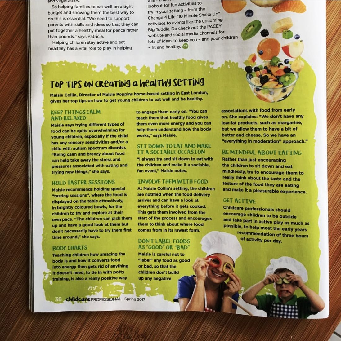 A printed page from PACEY Childcare Professional, Spring 2017, headed Top tips on creating a healthy setting, with advice attributed to Maisie Collin, Director of Maisie Poppins home-based setting in East London. The tips are keep things calm and relaxed, hold taster sessions, body charts, sit down to eat and make it a sociable occasion, involve them with food, do not label foods as good or bad, be mindful about eating, and get active.